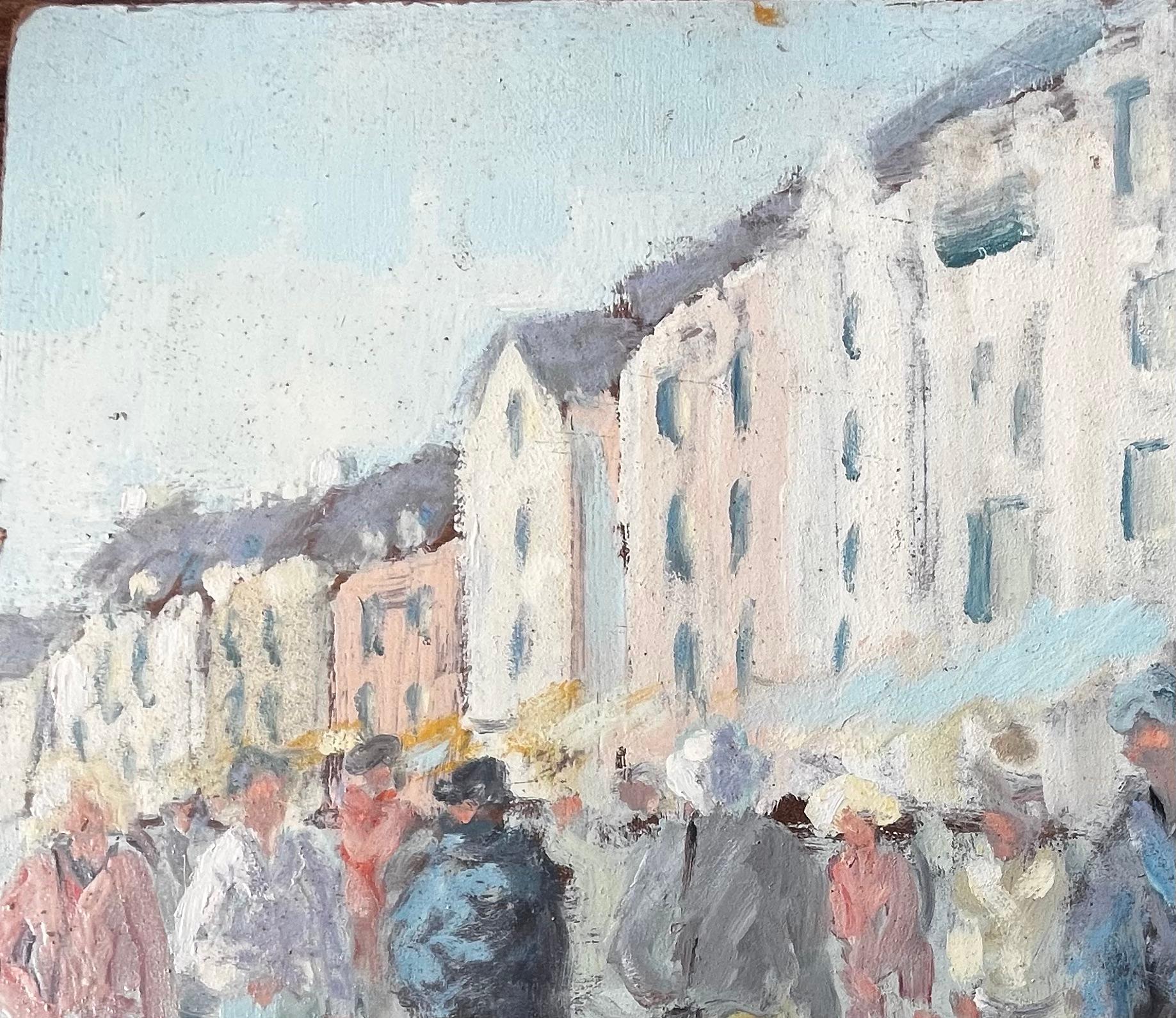 French Market Day with Figures and Cafe Awnings in Sunlit Street by Fanch Lel For Sale 4