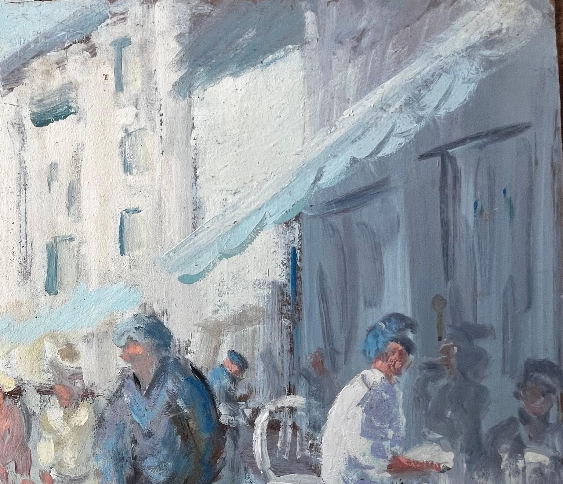 French Market Day with Figures and Cafe Awnings in Sunlit Street by Fanch Lel For Sale 5