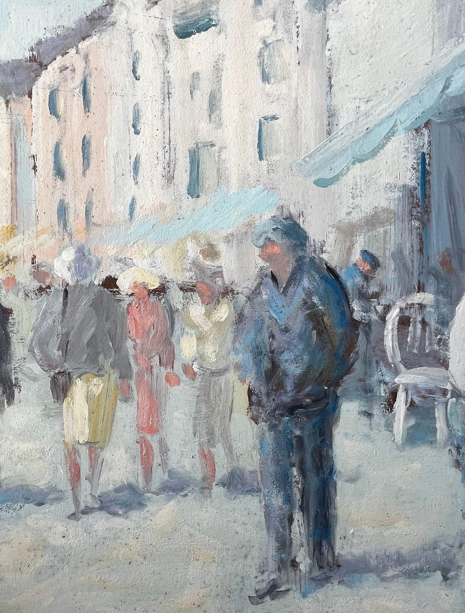 French Market Day with Figures and Cafe Awnings in Sunlit Street by Fanch Lel For Sale 6