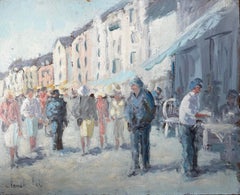 French Market Day with Figures and Cafe Awnings in Sunlit Street by Fanch Lel