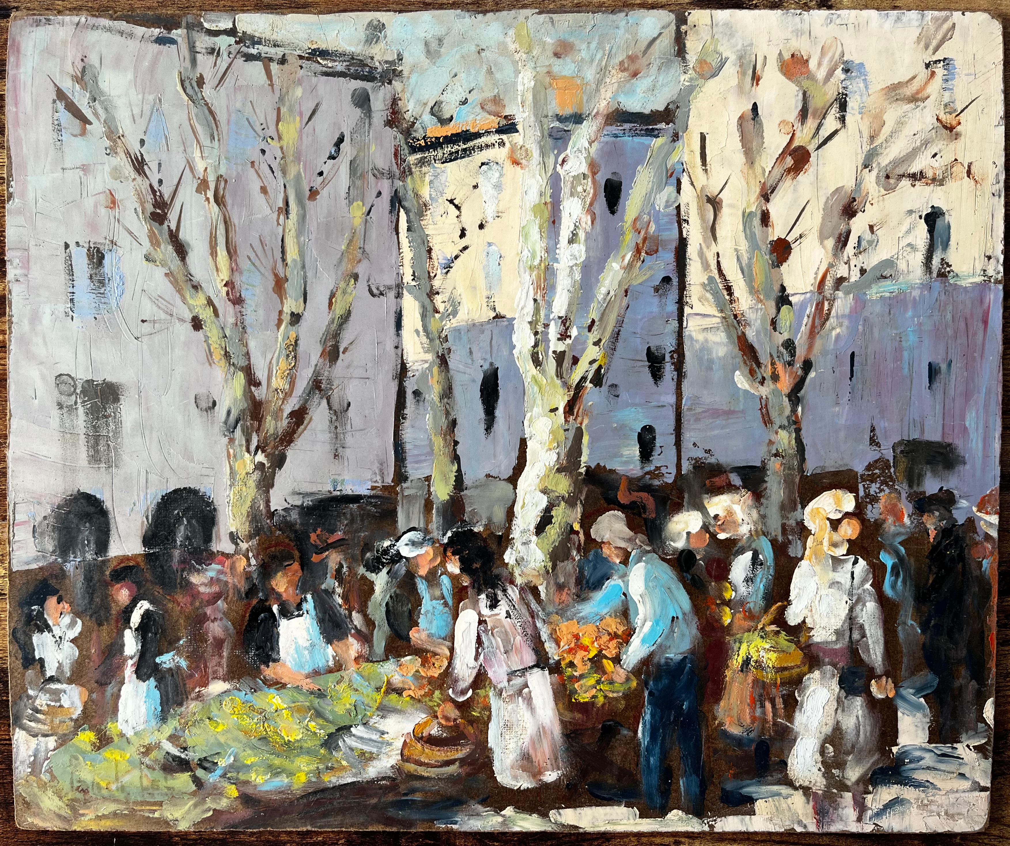 French Market Scene Aix en Provence Trees Figures and Flowers 1989 Painting - Gray Abstract Painting by Fanch Lel