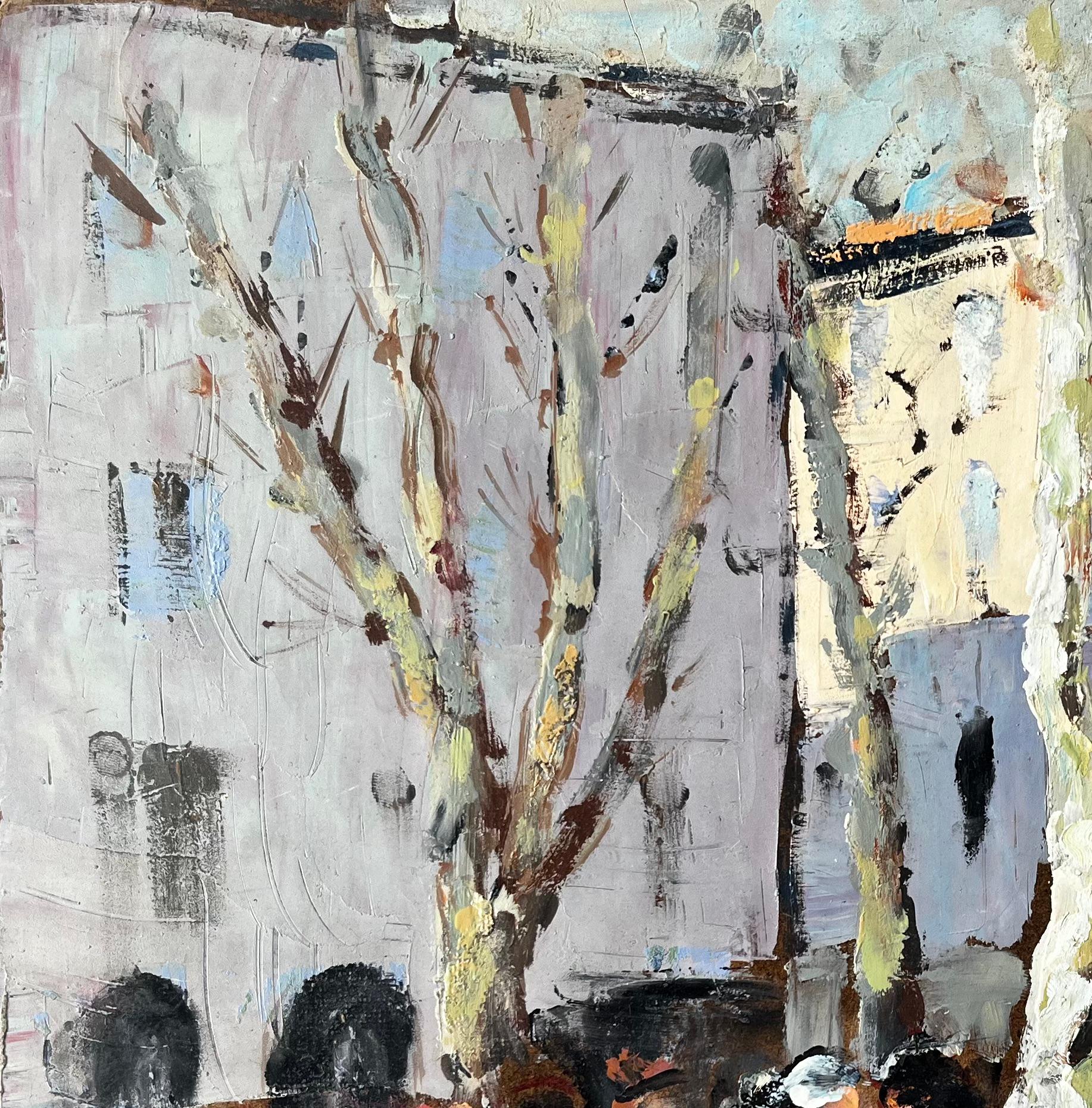 Title: French Market Scene Aix en Provence Trees Figures and Flowers 1989 Painting
by Fanch Lel
Signed: Bottom left corner, and verso and inscribed with title and date (