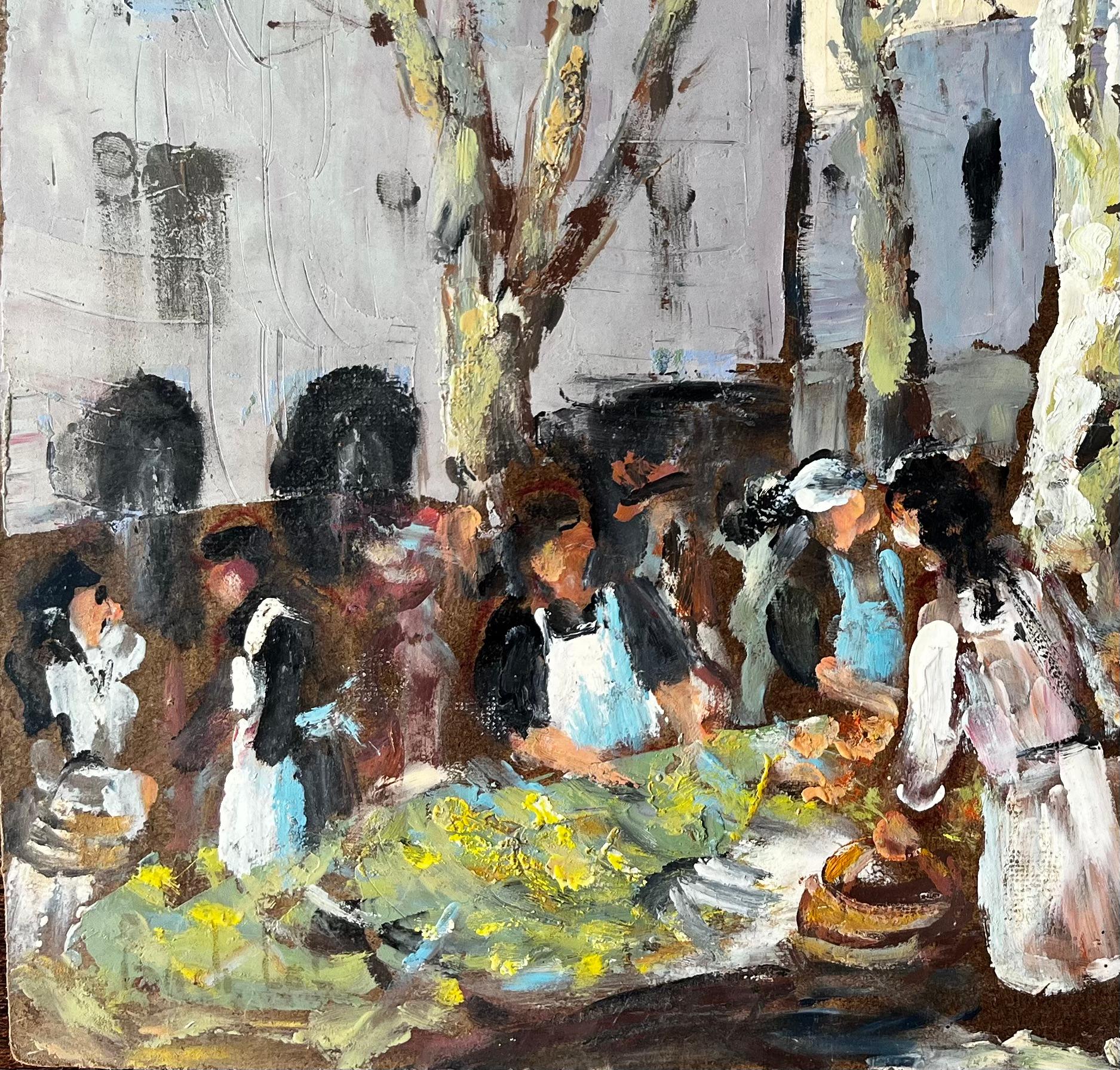 French Market Scene Aix en Provence Trees Figures and Flowers 1989 Painting For Sale 1