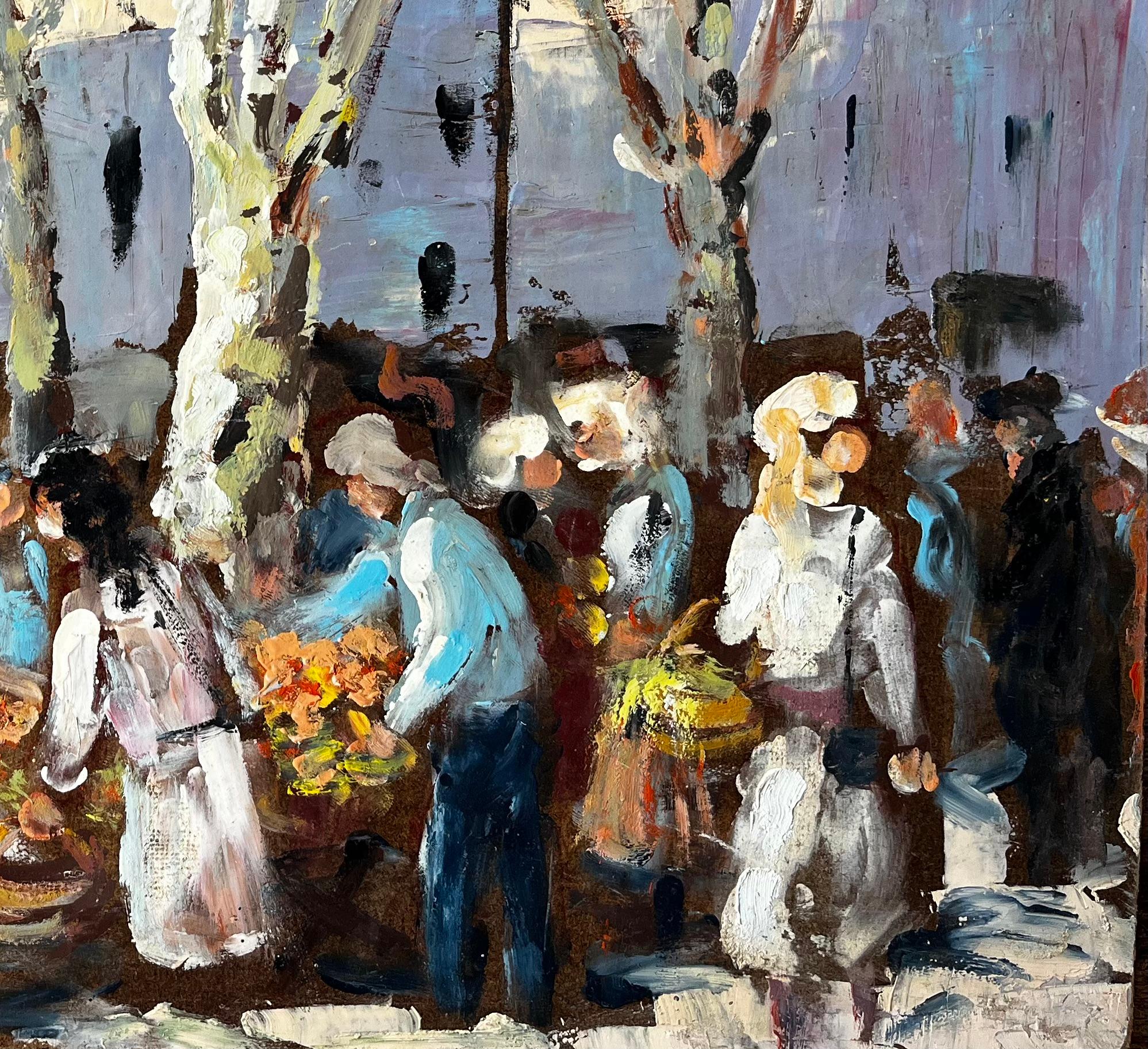 French Market Scene Aix en Provence Trees Figures and Flowers 1989 Painting For Sale 2