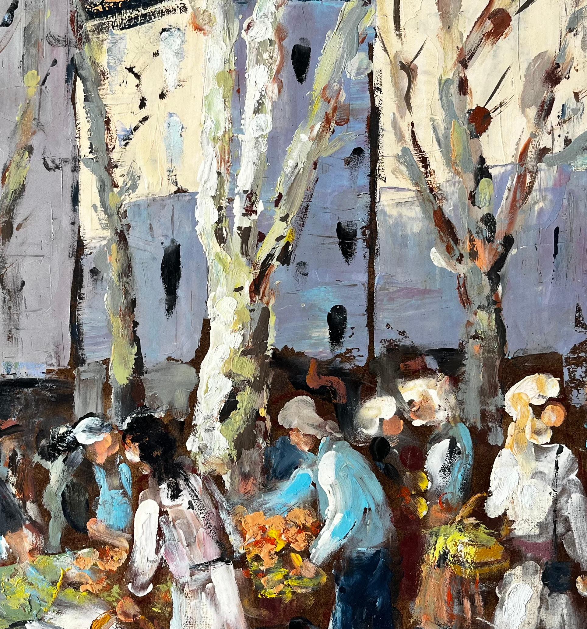 French Market Scene Aix en Provence Trees Figures and Flowers 1989 Painting For Sale 4