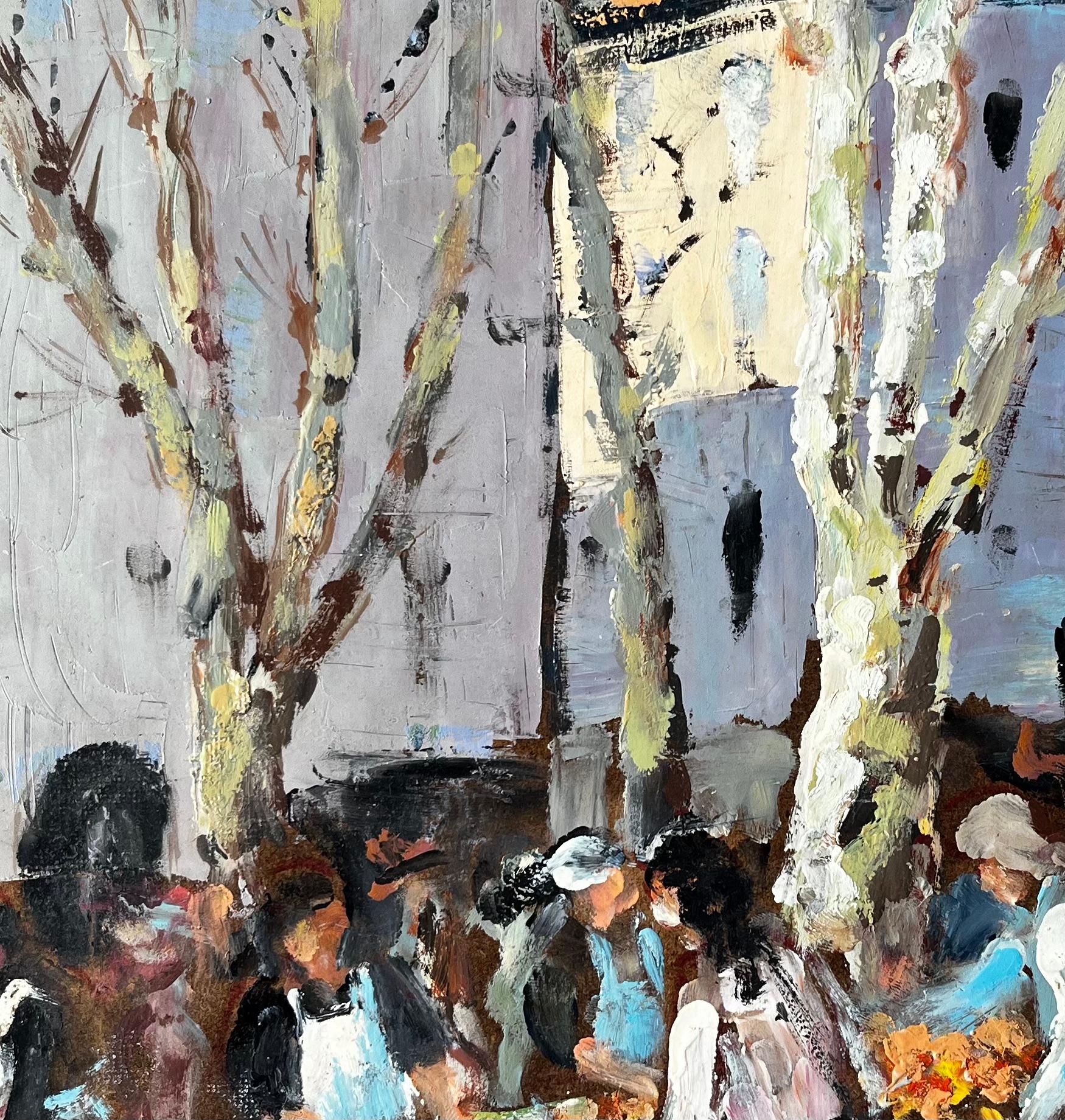 French Market Scene Aix en Provence Trees Figures and Flowers 1989 Painting For Sale 5