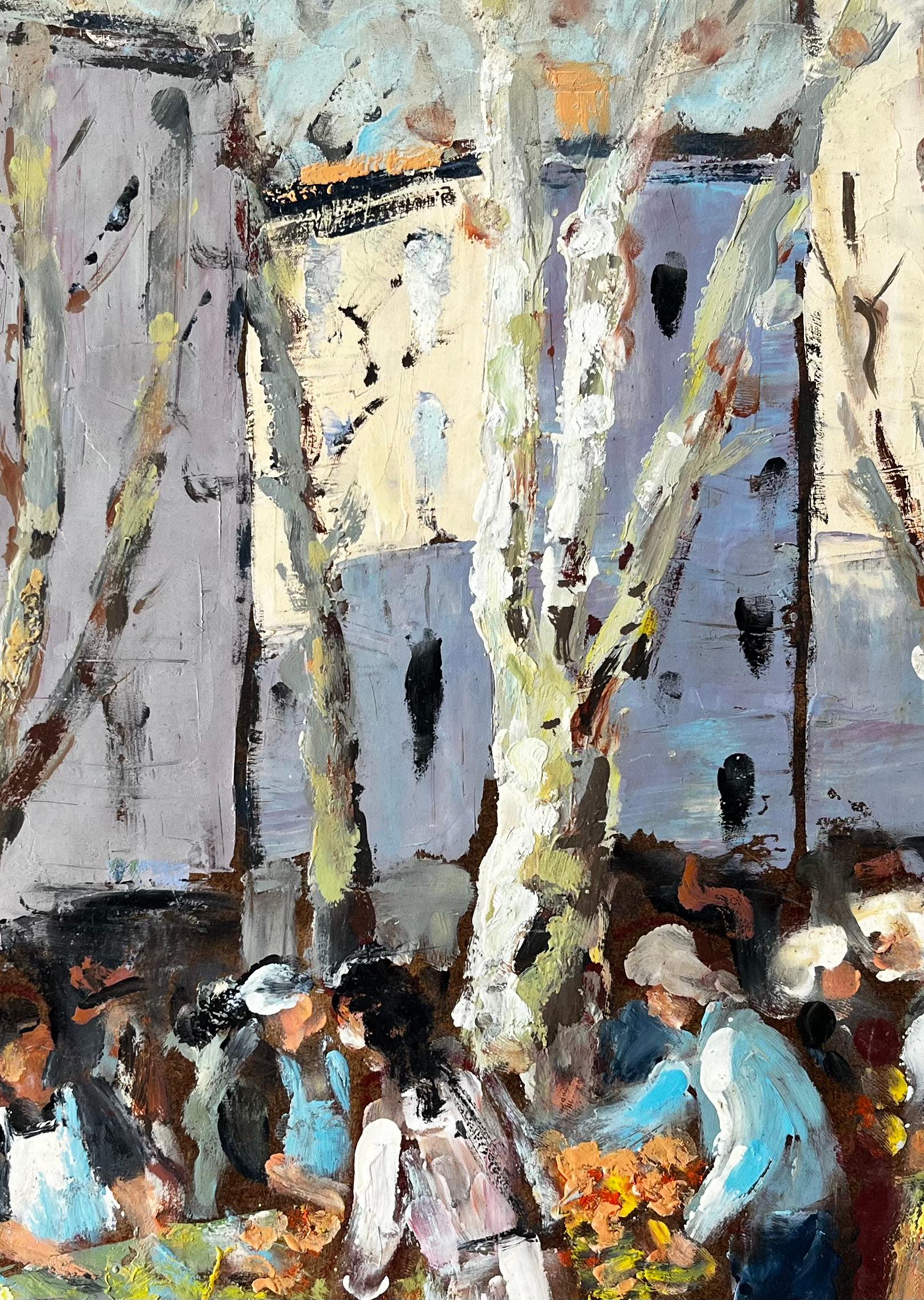 French Market Scene Aix en Provence Trees Figures and Flowers 1989 Painting For Sale 6