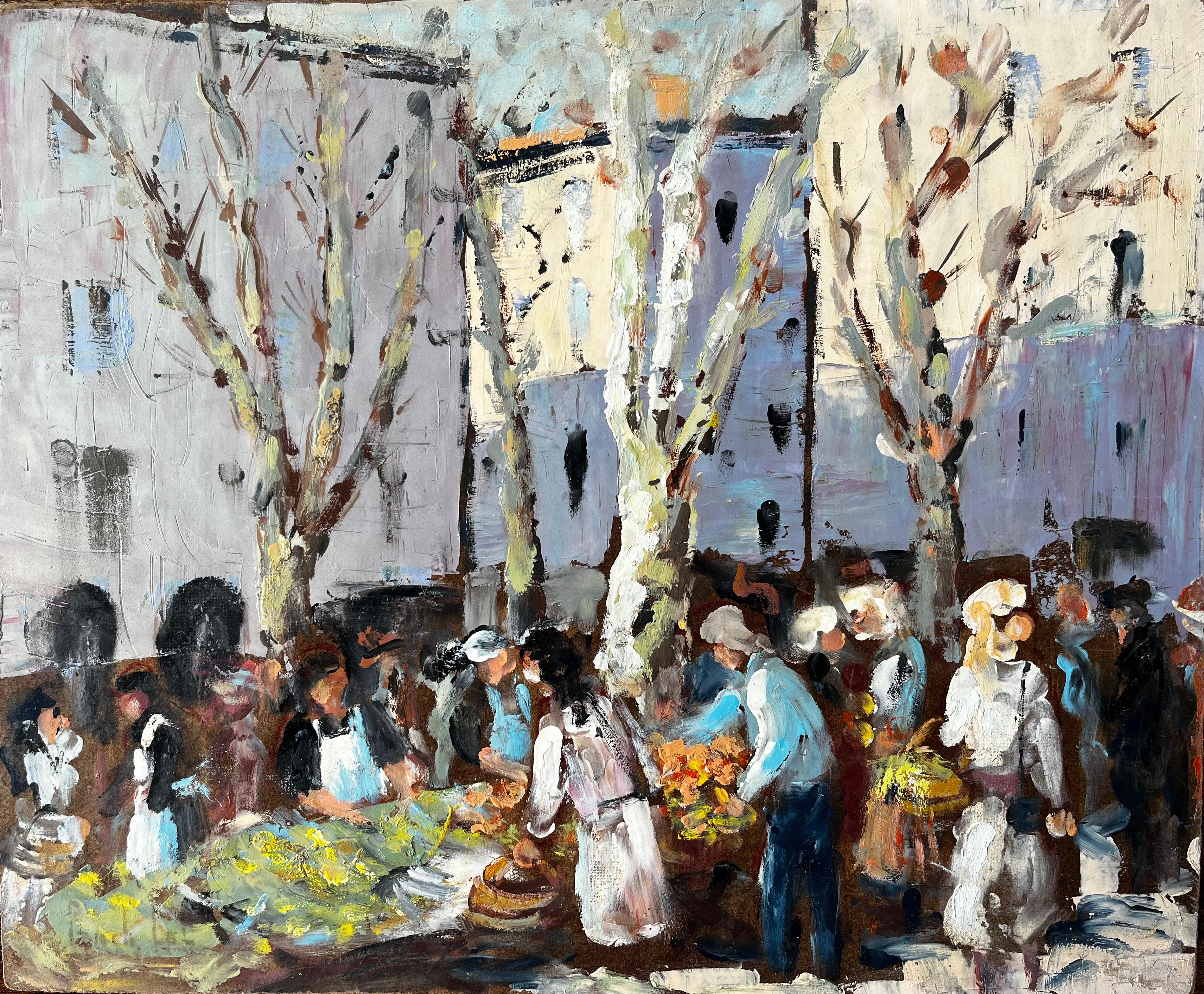 Fanch Lel Abstract Painting - French Market Scene Aix en Provence Trees Figures and Flowers 1989 Painting
