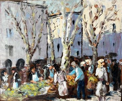 French Market Scene Aix en Provence Trees Figures and Flowers 1989 Painting
