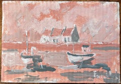 Escena costera monocroma francesa con barcos y casitas al óleo