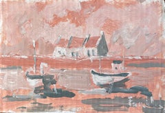 French Monochrome Coastal Scene with Boats and Cottages in Oil