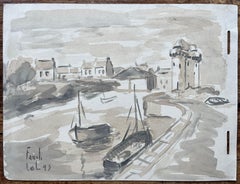 Monochrome französische Hafenszene mit Booten und mittelalterlichem Turm