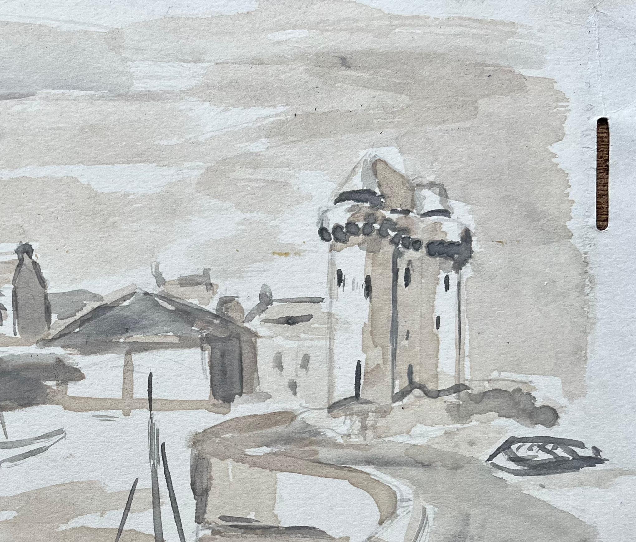 Monochrome französische Hafenszene mit Booten und mittelalterlichem Turm (Impressionismus), Painting, von Fanch Lel