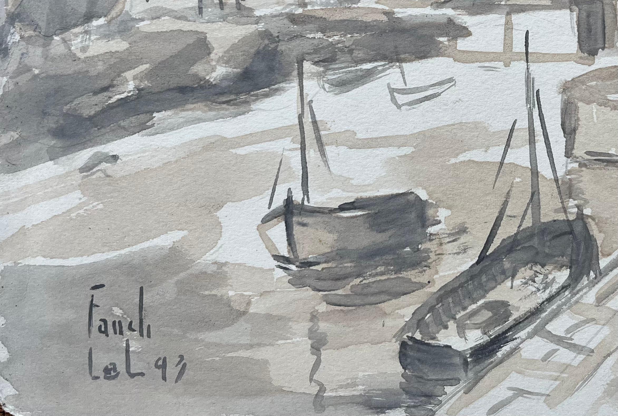 Titel: Französische monochrome Hafenszene mit Booten und mittelalterlichem Turm
von Fanche Lel
Unterschrieben: Ja
Größe: 8,25 Zoll (Höhe) x 11 Zoll (Breite)
Aquarell auf Papier, ungerahmt
Zustand: Das Gemälde ist in gutem Zustand, mit leichten