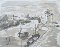 French Monochrome Harbour Scene with Boats and Medieval Tower
