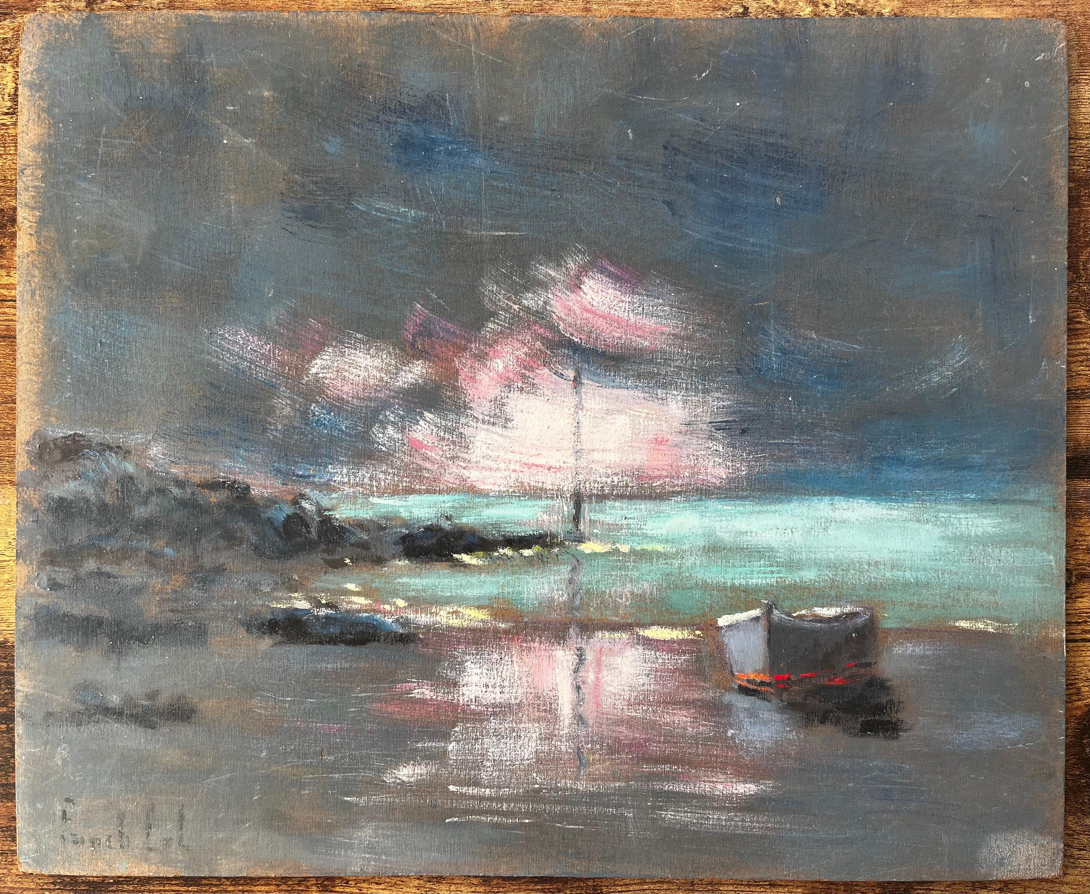 Scène côtière nocturne française avec bateau et ciel réfléchi rose - Painting de Fanch Lel