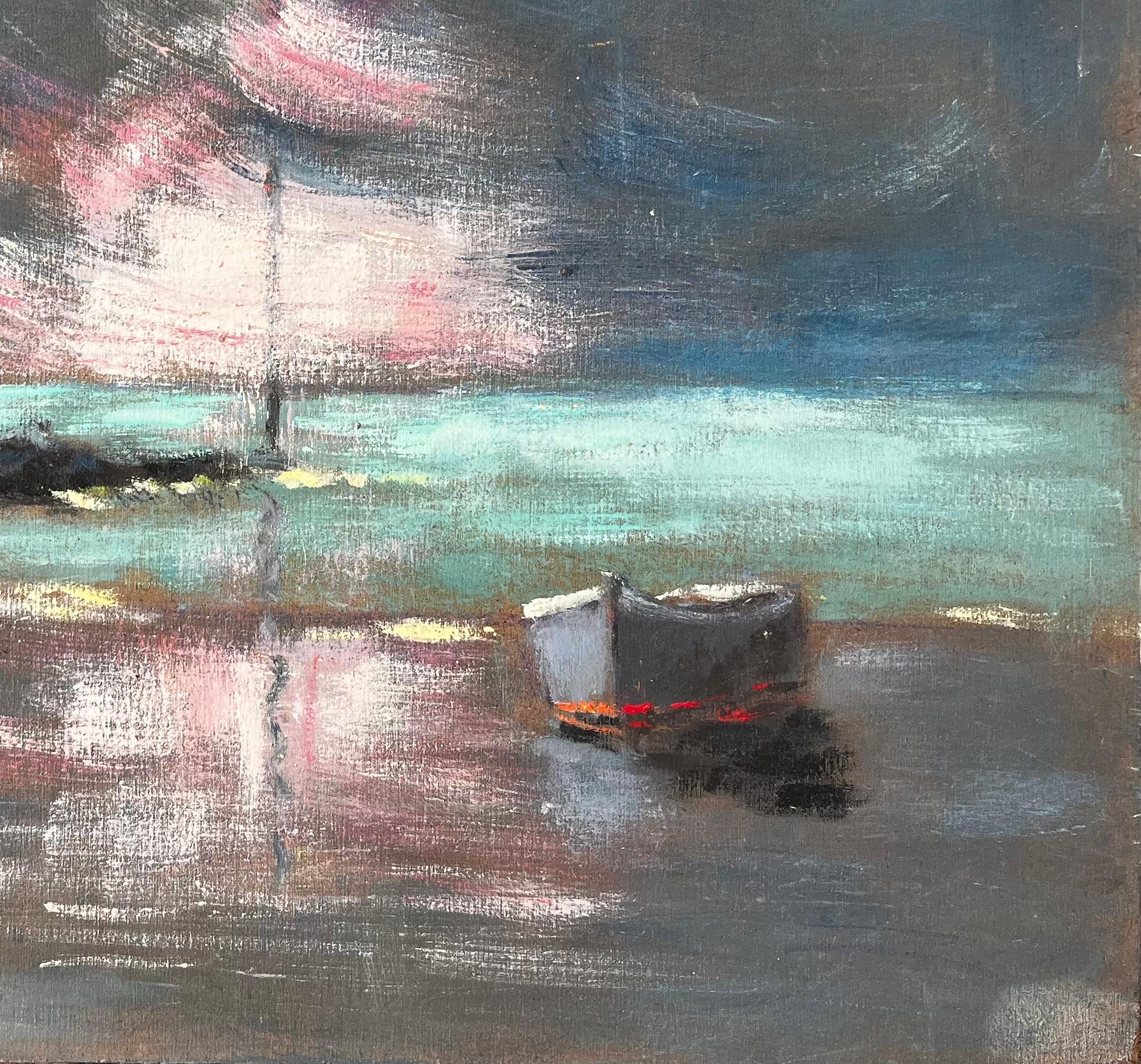 Scène côtière nocturne française avec bateau et ciel réfléchi rose - Impressionnisme Painting par Fanch Lel