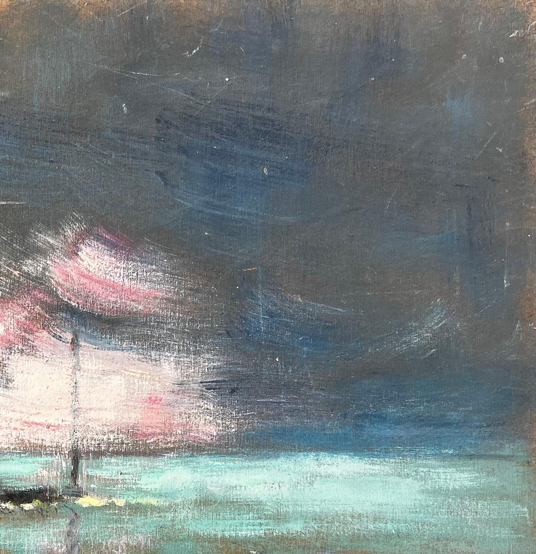 Titre : Scène côtière nocturne française avec bateau et ciel réfléchi rose
par Fanch Lel
Signé : Coin inférieur droit
Taille : 15 x 18.25 pouces (hauteur x largeur)
Peinture à l'huile sur carton, non encadrée
Condit : Bon état général avec une usure