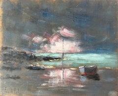 French Nocturne Coastal Scene with Boat and Pink Reflected Sky