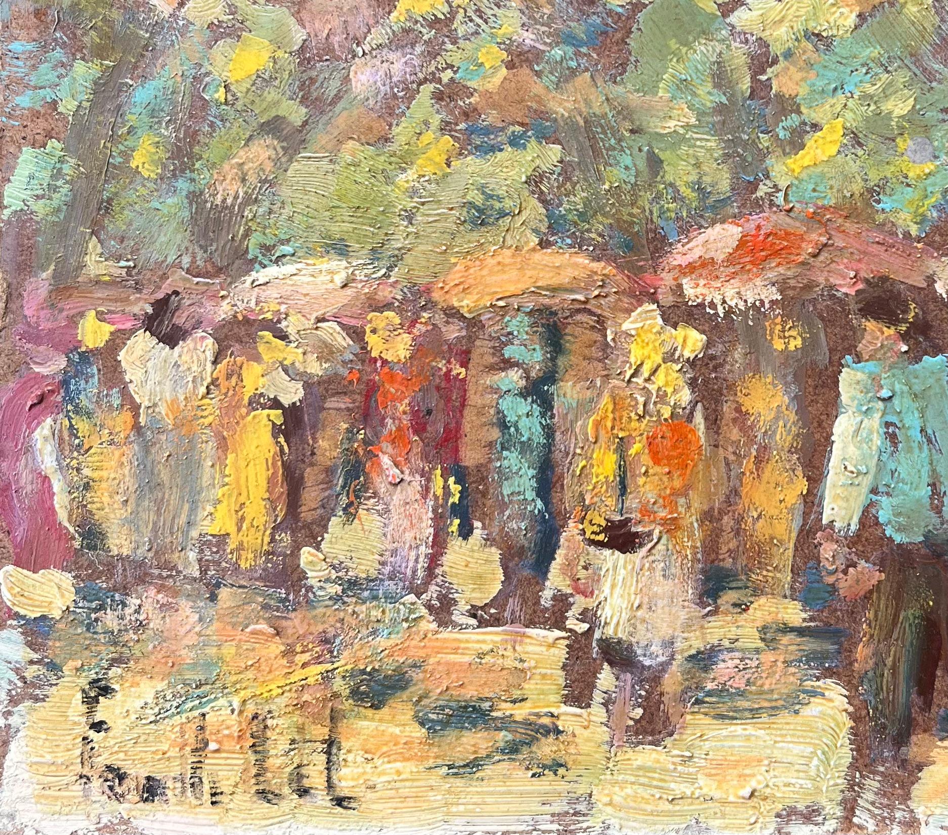 Title: French Oil painting of a Outdoor Market Scene in Impressionist Style
By Fanch Lel (French b. 1930)
Size: 6.5 x 8 inches (height x width)
Signed: Bottom left
Oil painting on board, unframed
Condition: the painting is in very good