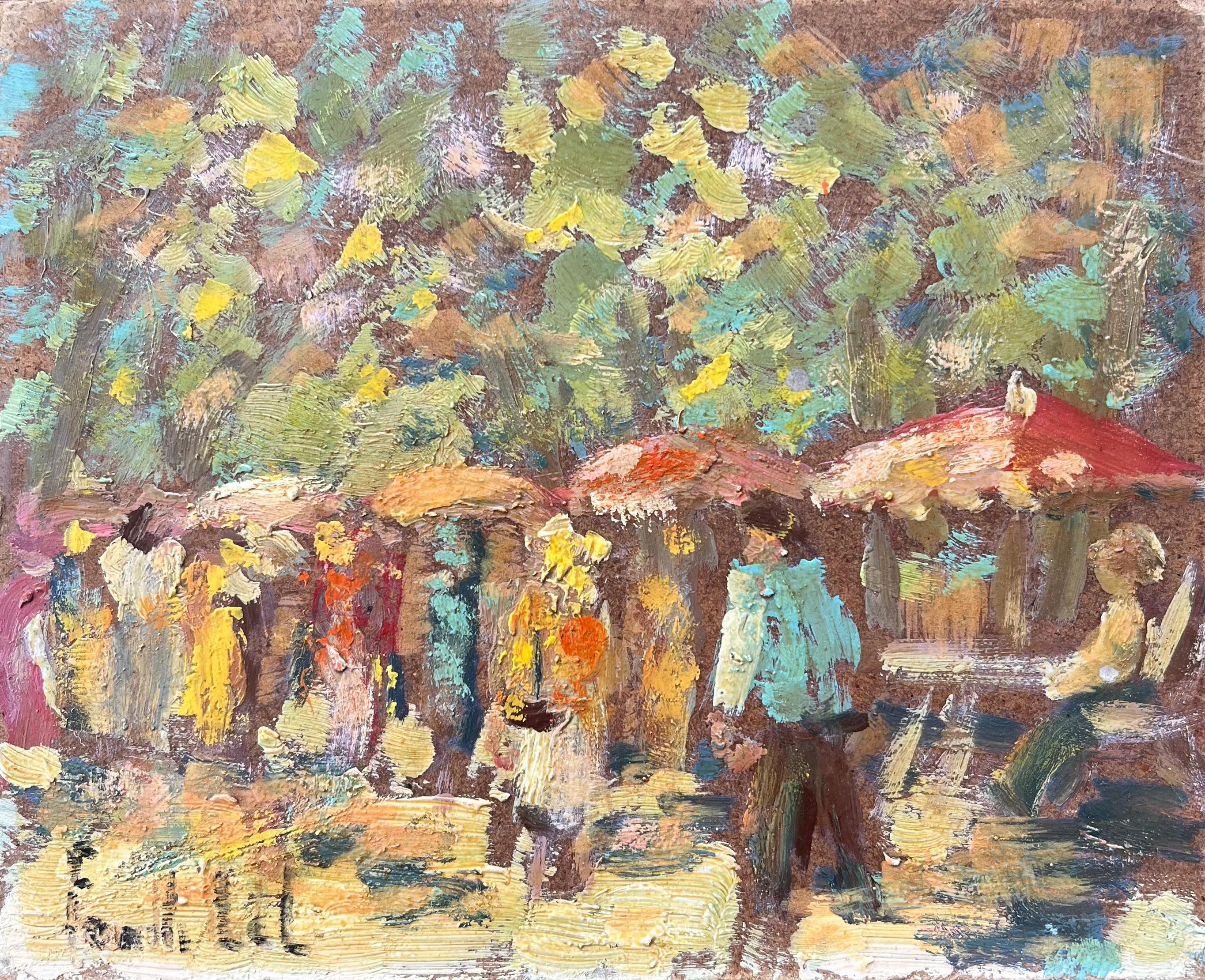 Fanch Lel Figurative Painting - French Oil painting of a Outdoor Market Scene in Impressionist Style