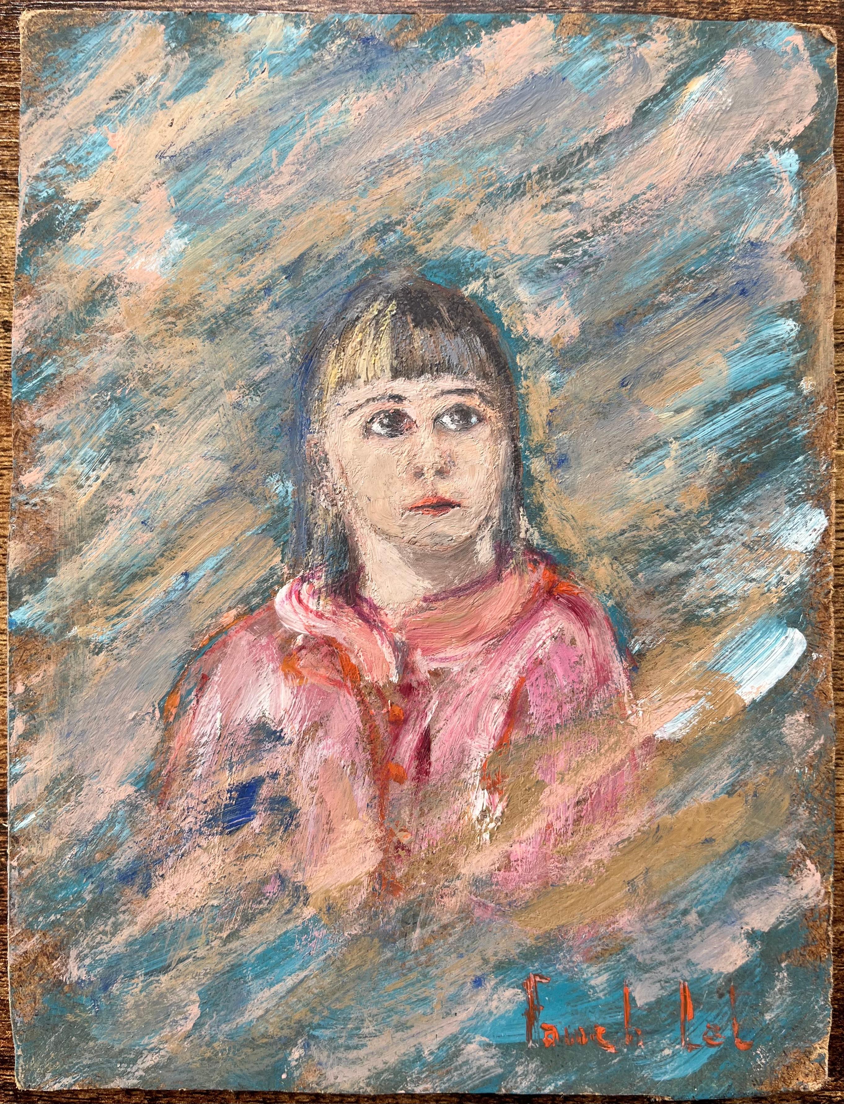 French Oil Painting of a Portrait of a Girl in Vibrant Expressionist Style - Brown Figurative Painting by Fanch Lel