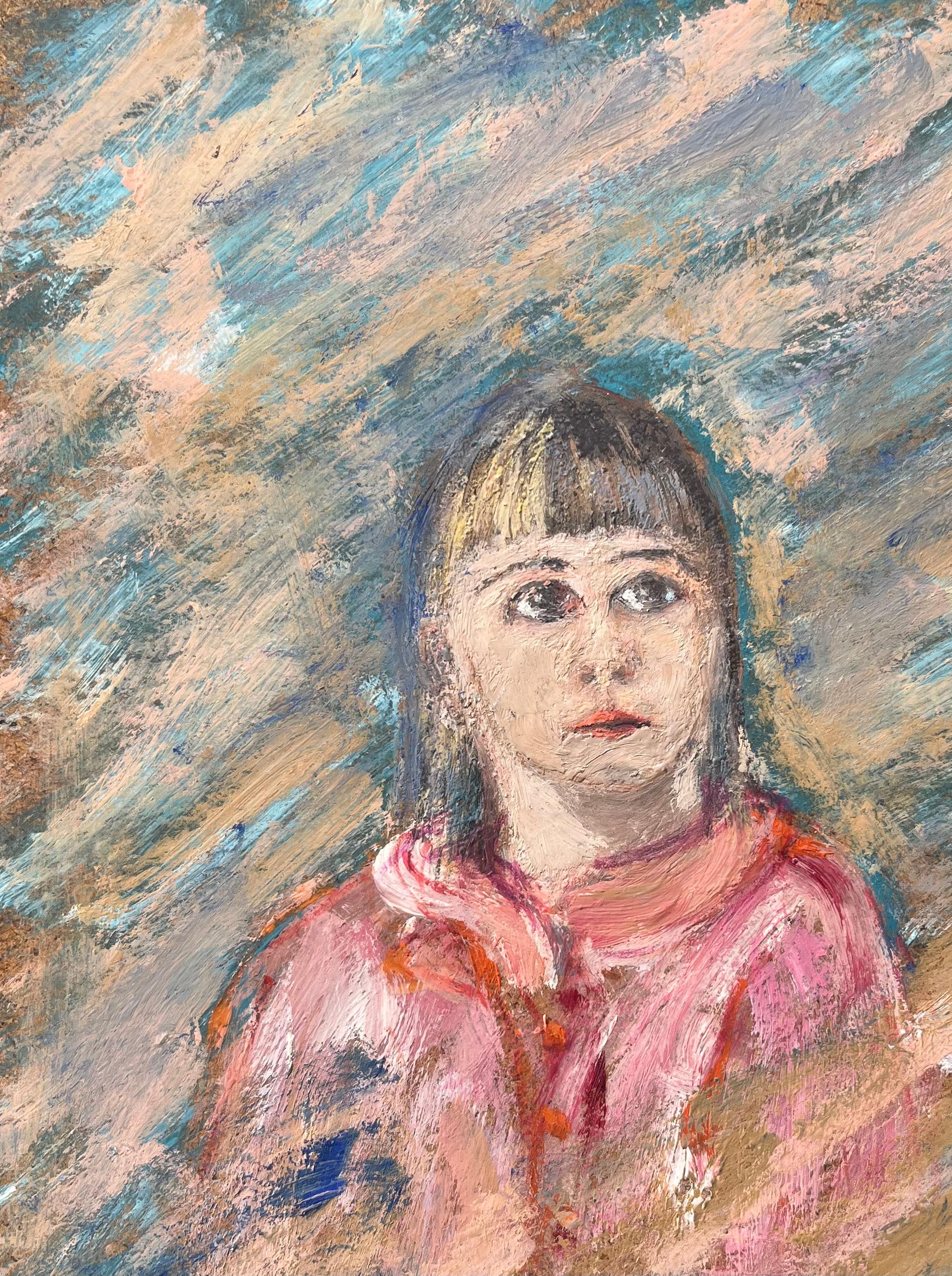 French Oil Painting of a Portrait of a Girl in Vibrant Expressionist Style For Sale 2