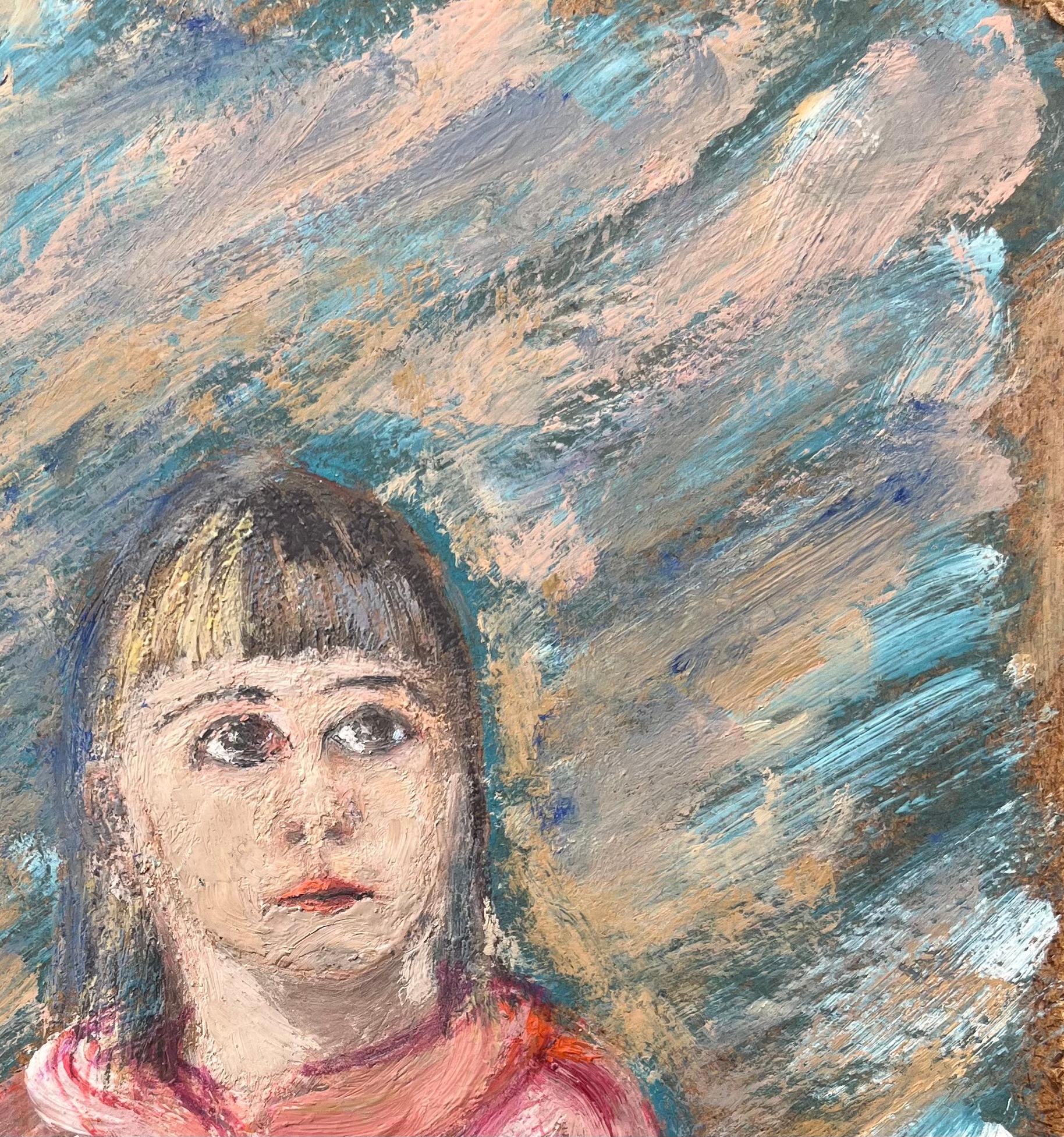 French Oil Painting of a Portrait of a Girl in Vibrant Expressionist Style For Sale 3