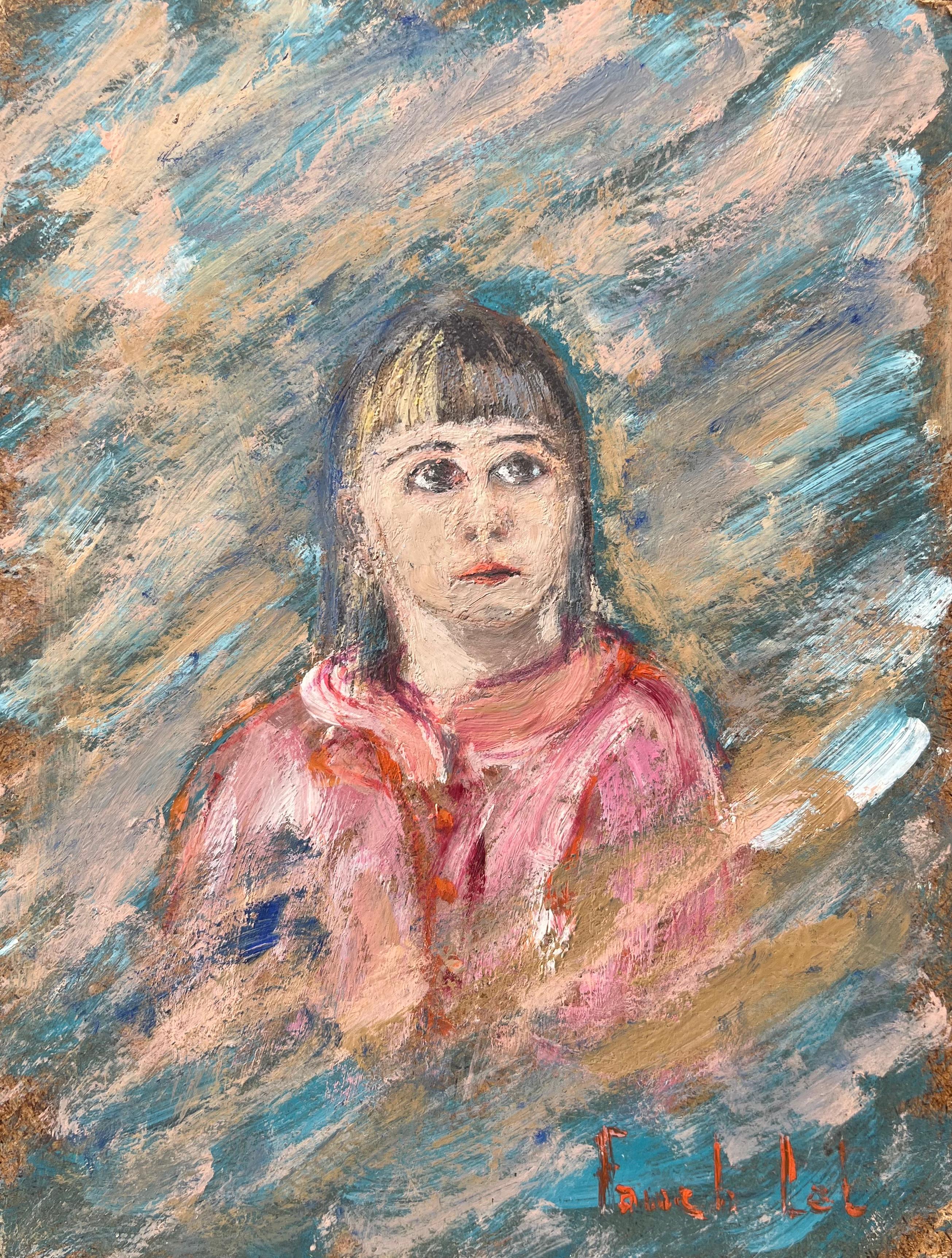 Fanch Lel Figurative Painting - French Oil Painting of a Portrait of a Girl in Vibrant Expressionist Style