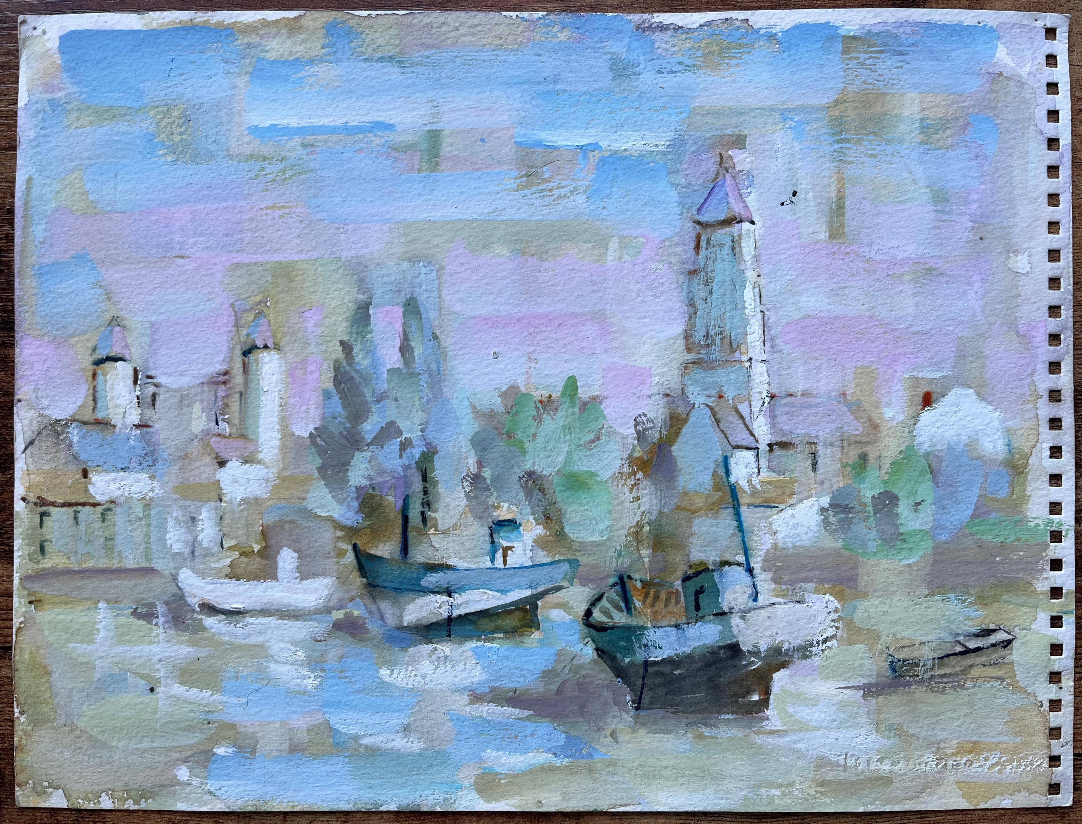 Óleo francés de barcos portuarios y aguja de pueblo en suaves tonos pastel - Painting de Fanch Lel