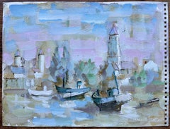 Óleo francés de barcos portuarios y aguja de pueblo en suaves tonos pastel