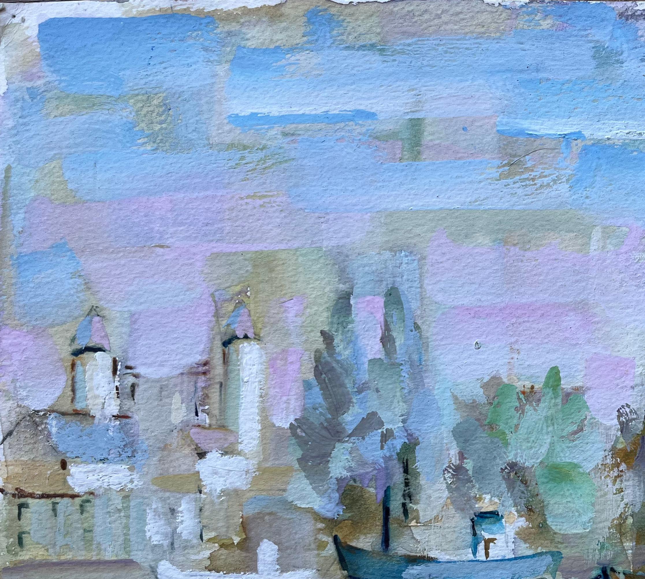 Óleo francés de barcos portuarios y aguja de pueblo en suaves tonos pastel en venta 1