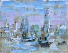 French Oil Painting of Harbour Boats and Village Spire in Soft Pastel Tones