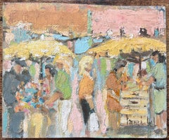 Französisches Ölgemälde einer Marktszene im impressionistischen Stil mit Blumenverkäufern