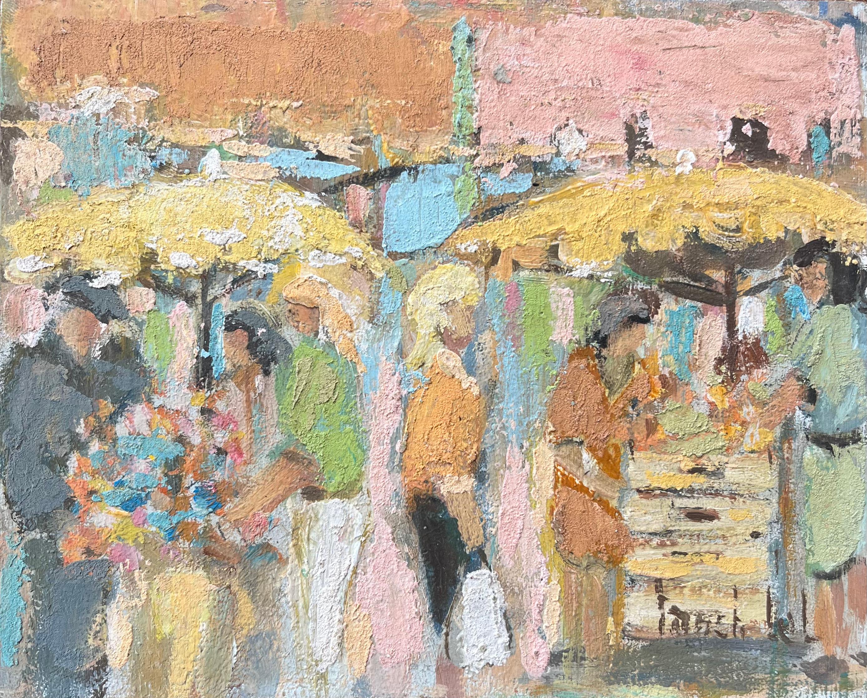 Fanch Lel Landscape Painting - French Oil painting of Market Scene in Impressionist Style with Flower Sellers