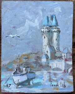 Pintura al Óleo Francesa de Castillo junto al Mar con Barco de Pesca y Gaviota