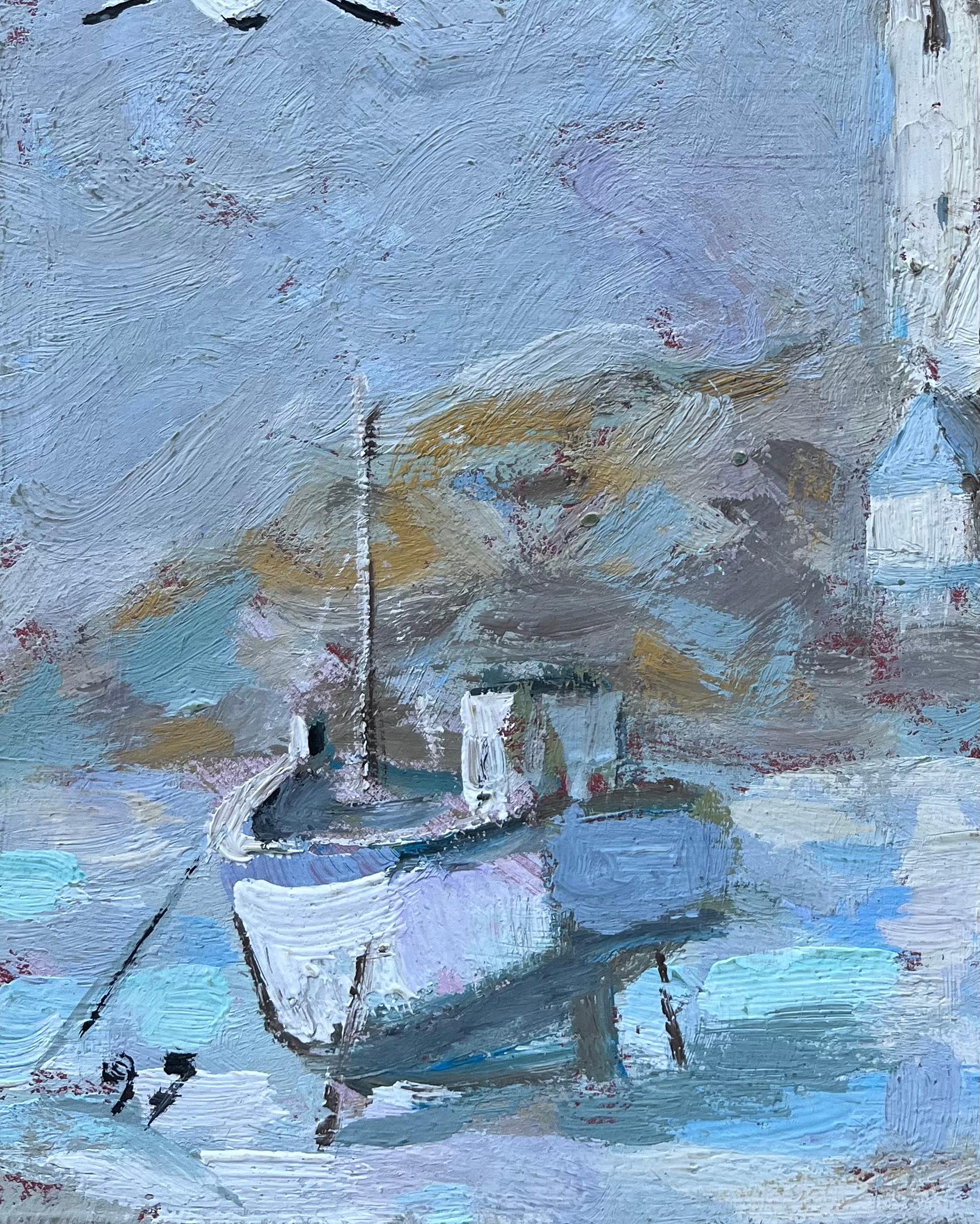 Pintura al Óleo Francesa de Castillo junto al Mar con Barco de Pesca y Gaviota - Painting Impresionista de Fanch Lel