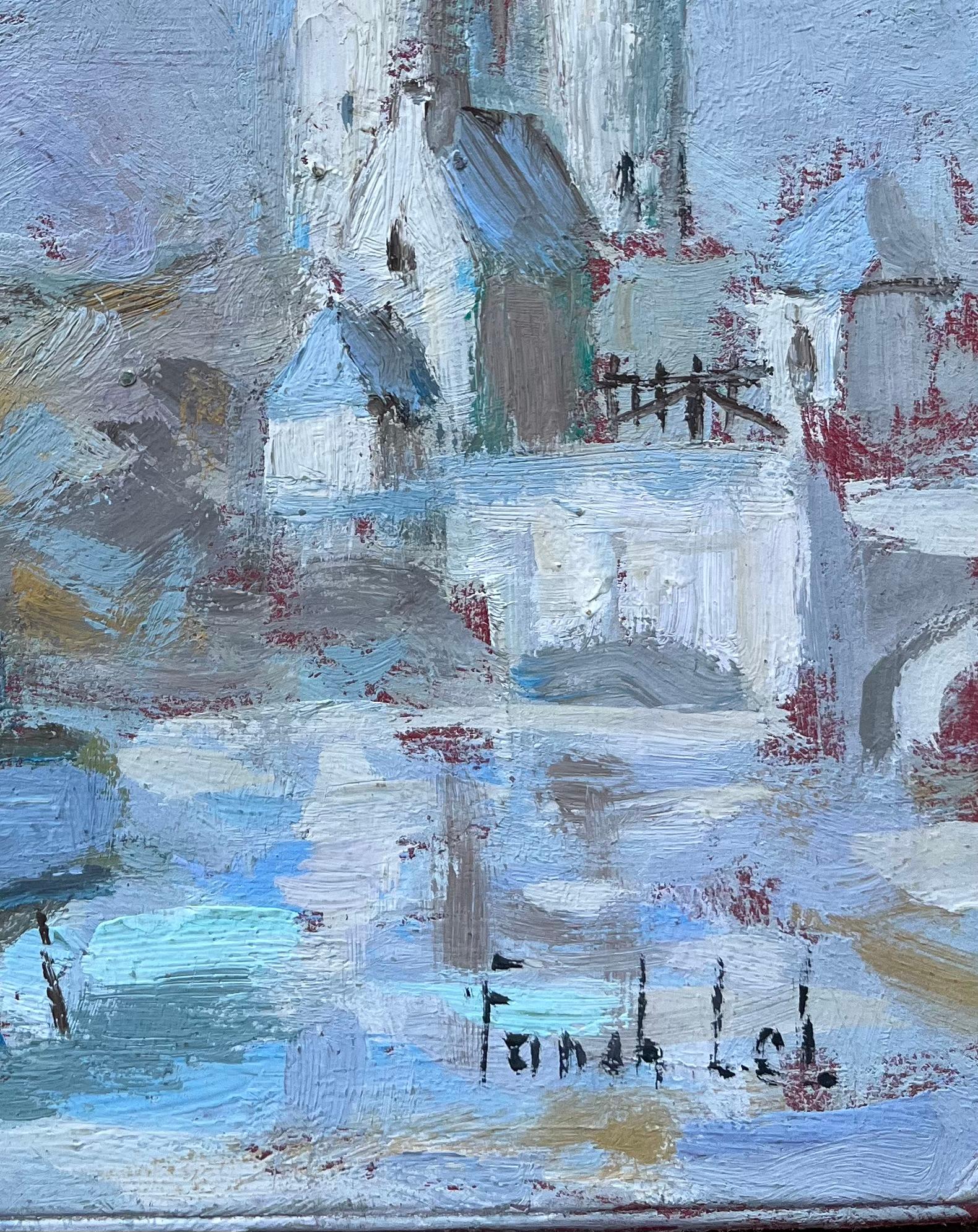Pintura al Óleo Francesa de Castillo junto al Mar con Barco de Pesca y Gaviota - Figurative Painting Azul de Fanch Lel