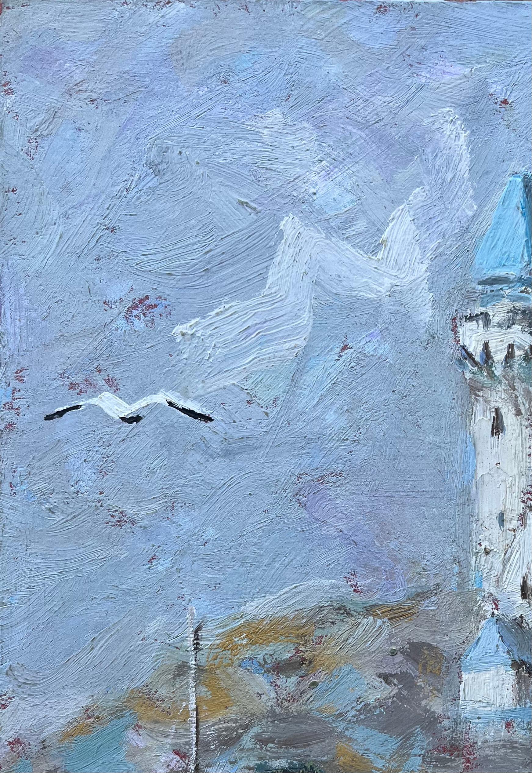 Pintura al Óleo Francesa de Castillo junto al Mar con Barco de Pesca y Gaviota en venta 1