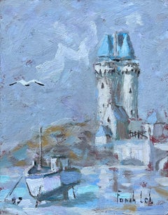 French Oil Painting of Seaside Castle with Fishing Boat and Seagull