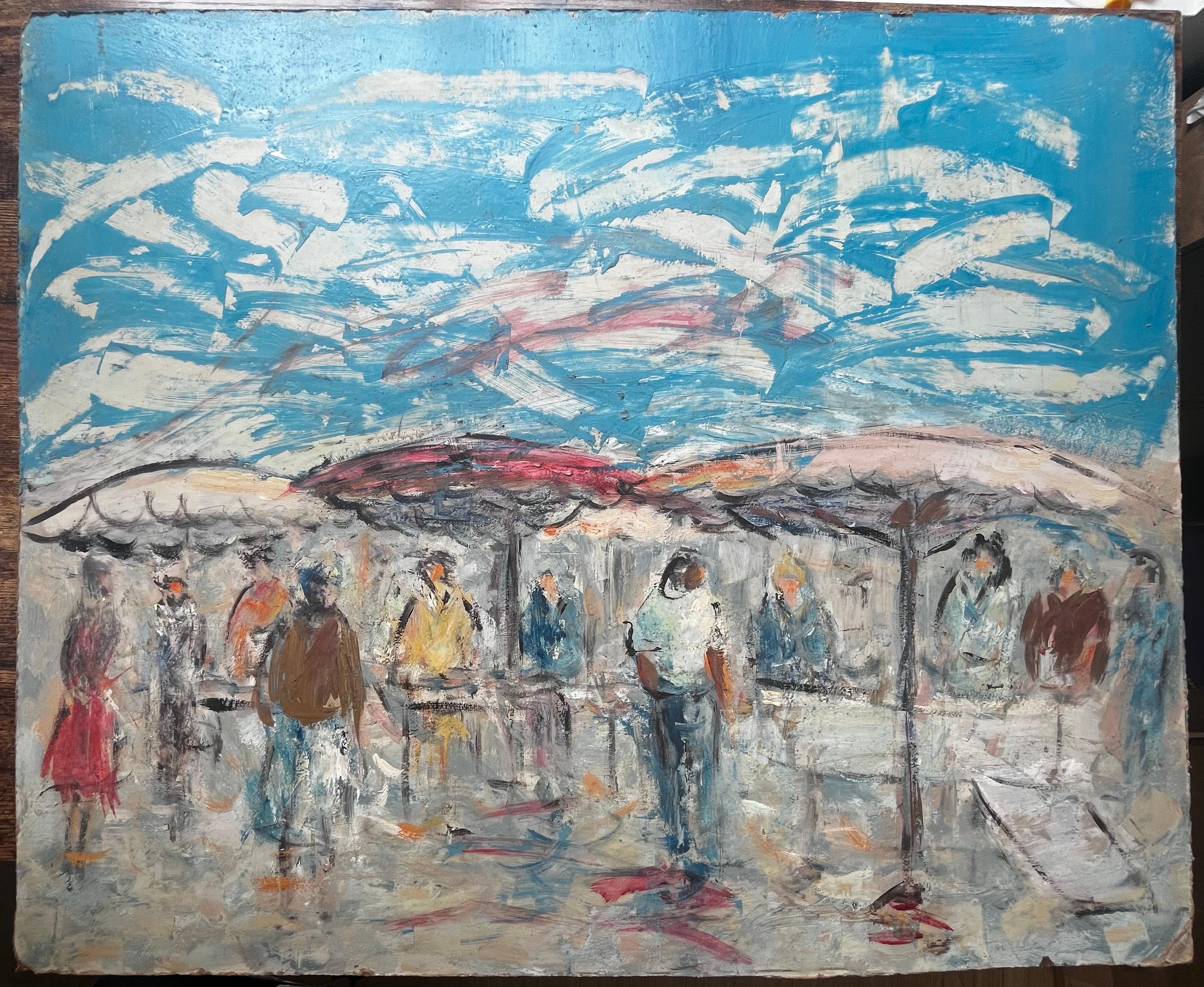 French Outdoor Market Scene with Figures and Parasols by Fanch Lel For Sale 1