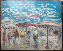 Escena francesa de mercado al aire libre con figuras y sombrillas by Fanch Lel