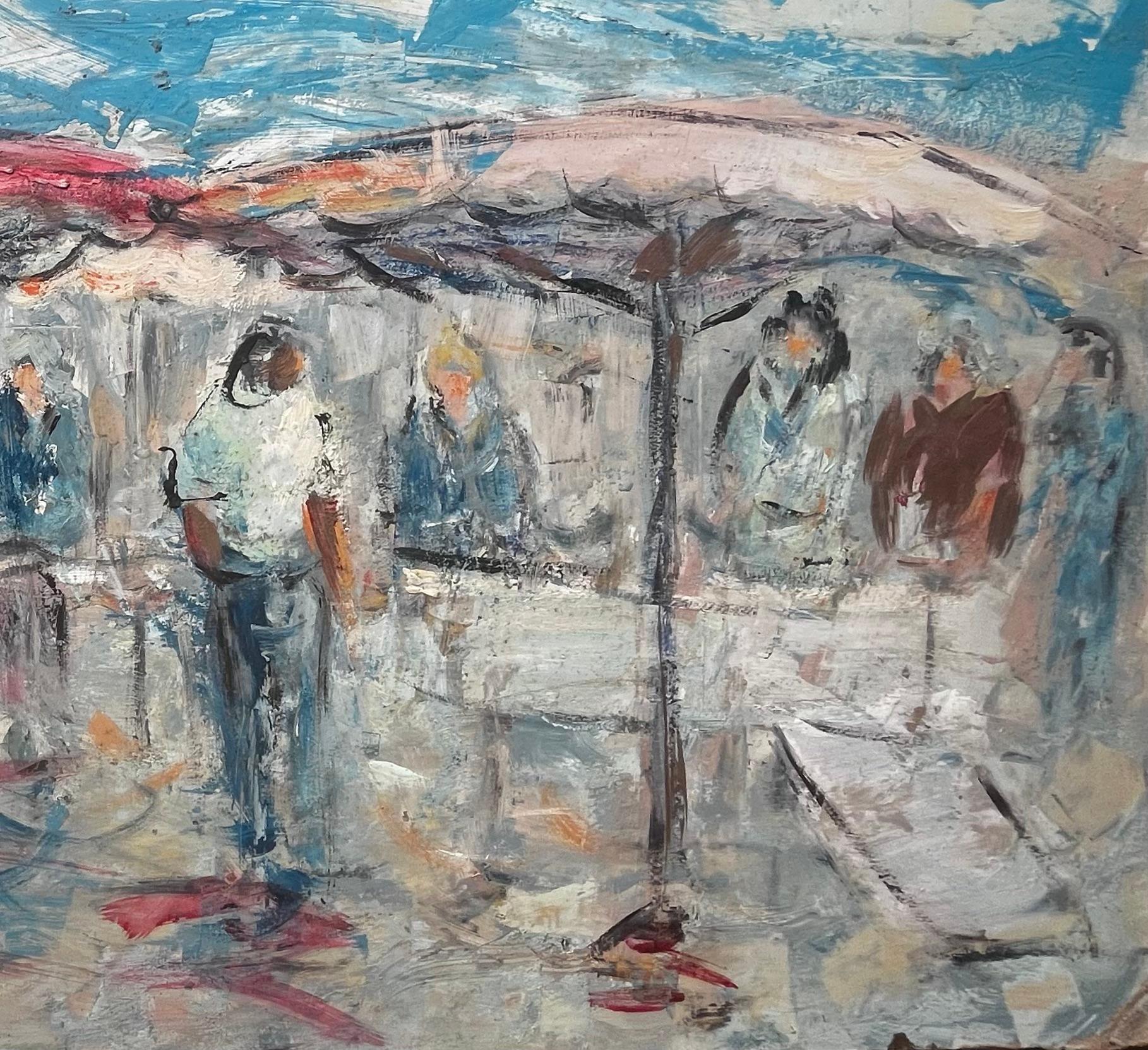 French Outdoor Market Scene with Figures and Parasols by Fanch Lel For Sale 2