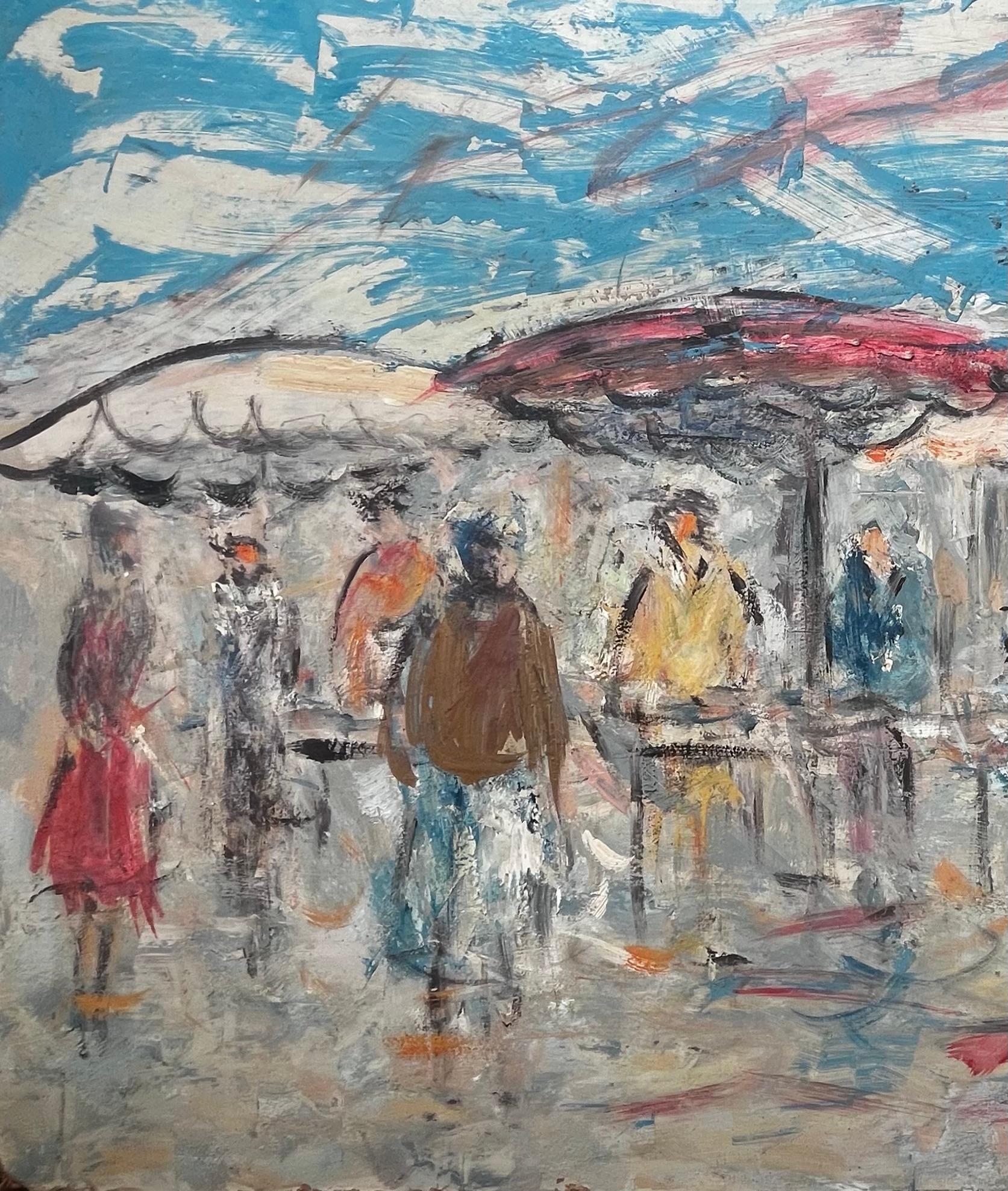 French Outdoor Market Scene with Figures and Parasols by Fanch Lel For Sale 3