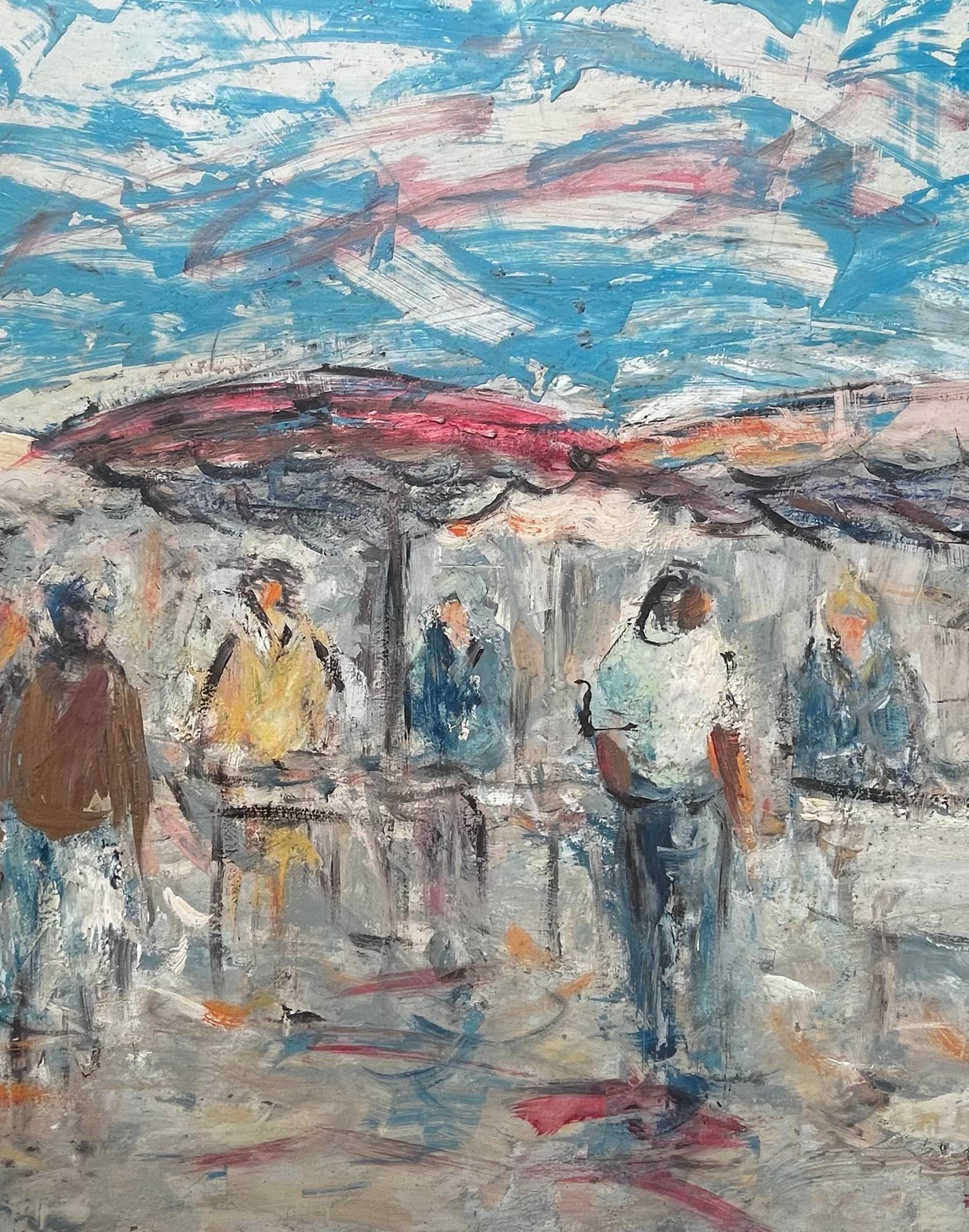 French Outdoor Market Scene with Figures and Parasols by Fanch Lel For Sale 4