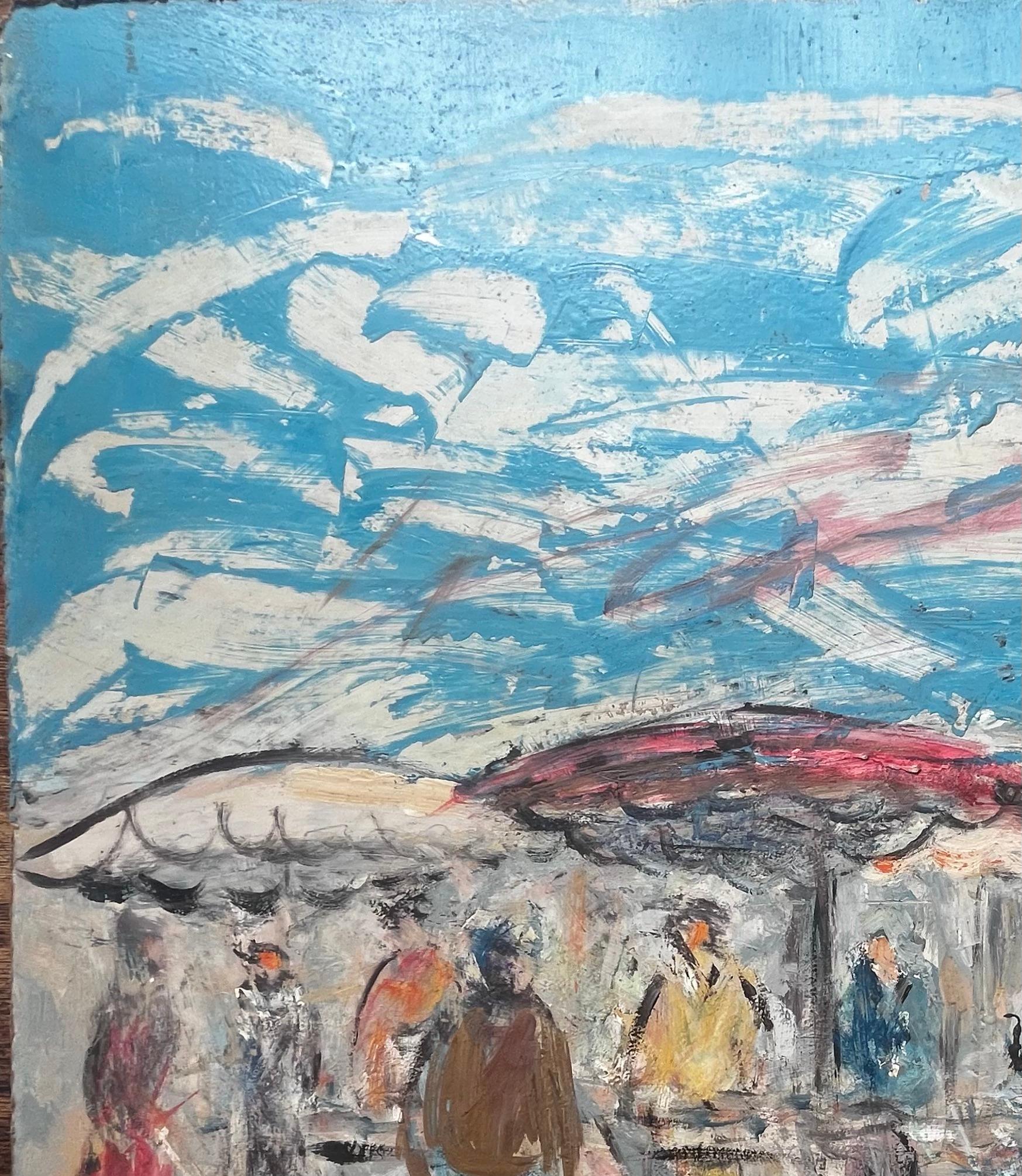 French Outdoor Market Scene with Figures and Parasols by Fanch Lel For Sale 5