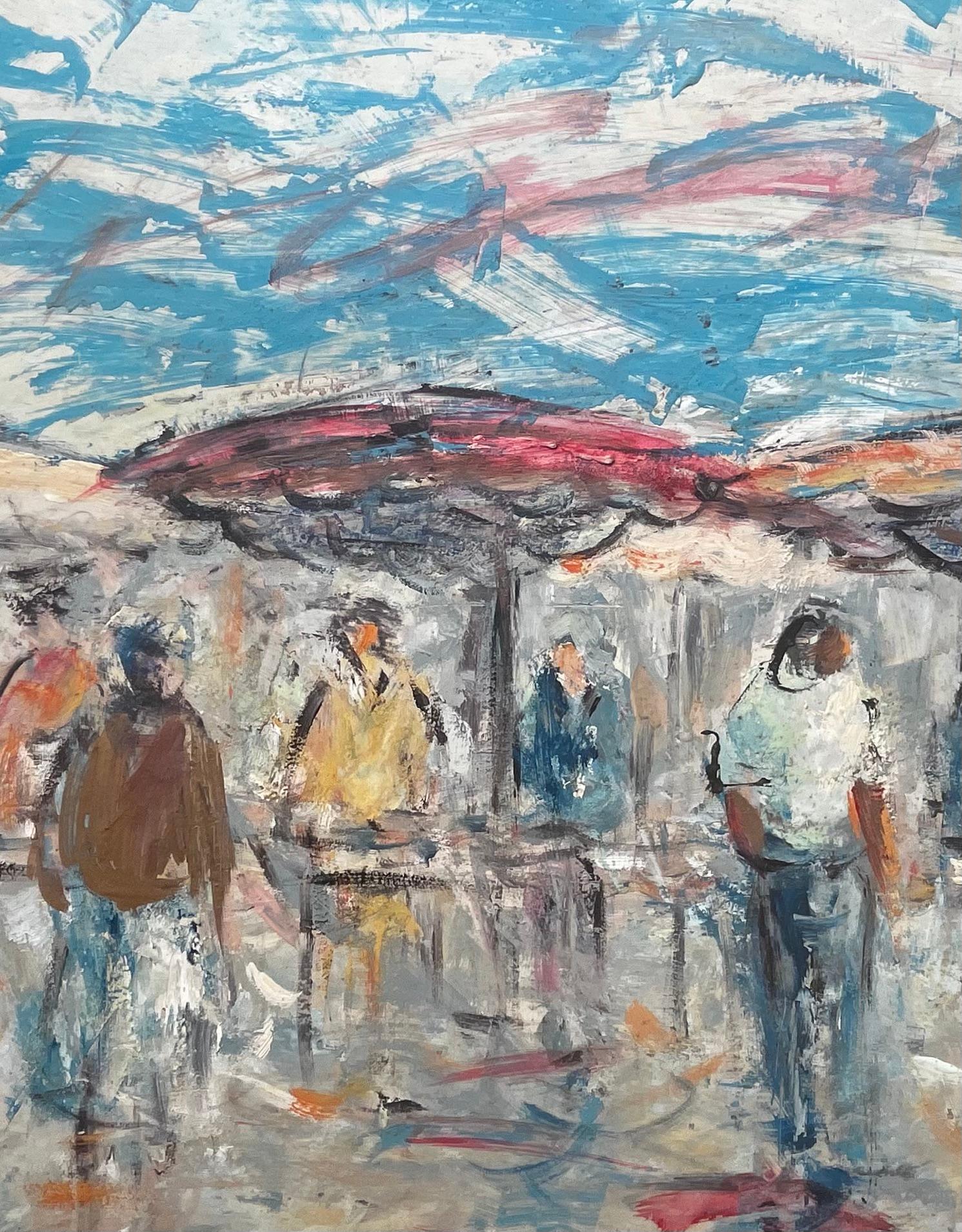 French Outdoor Market Scene with Figures and Parasols by Fanch Lel For Sale 6
