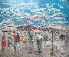 French Outdoor Market Scene with Figures and Parasols by Fanch Lel