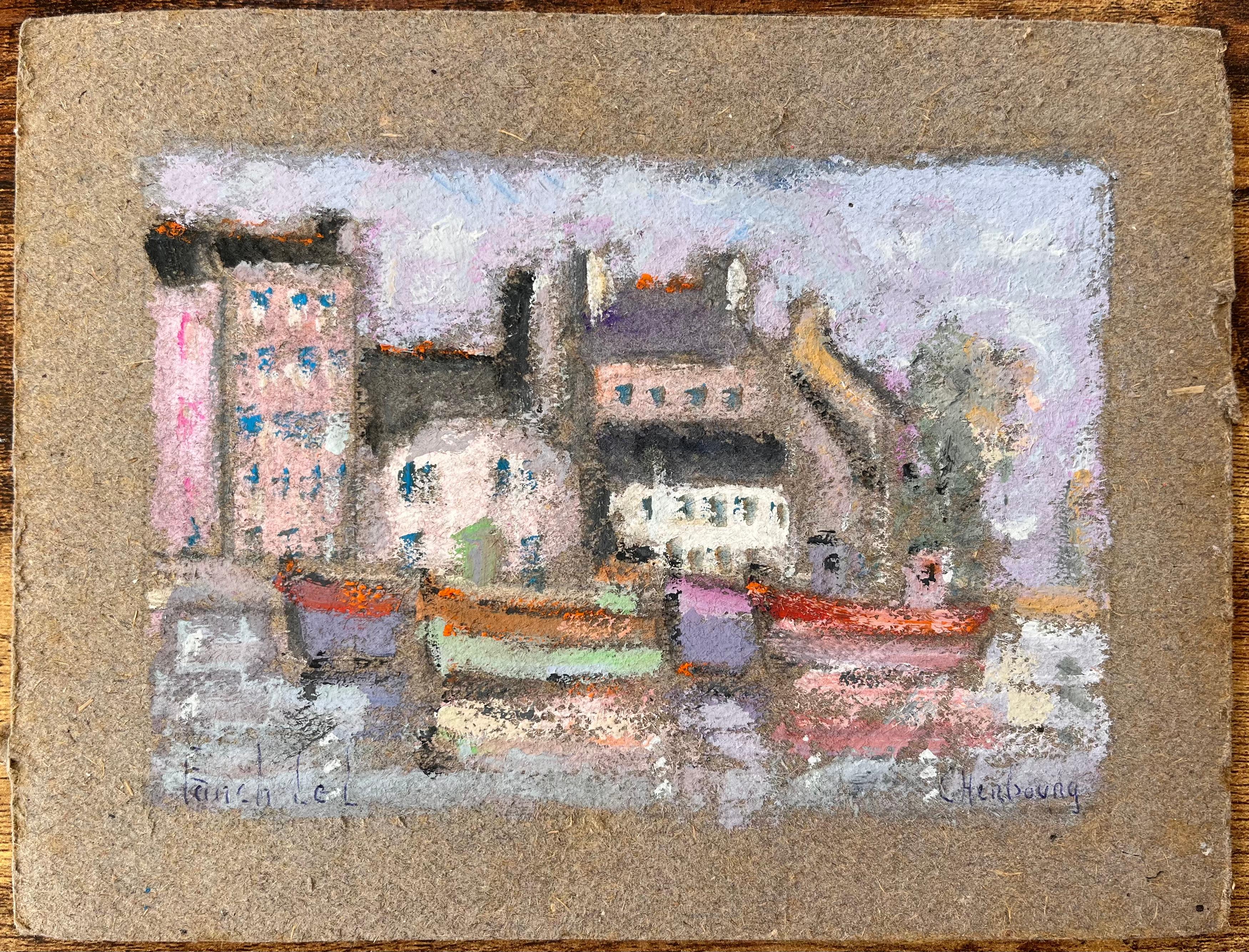 Escena portuaria francesa en colores pastel de barcos y edificios coloridos en Cherburgo - Painting de Fanch Lel