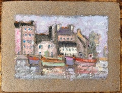 Escena portuaria francesa en colores pastel de barcos y edificios coloridos en Cherburgo